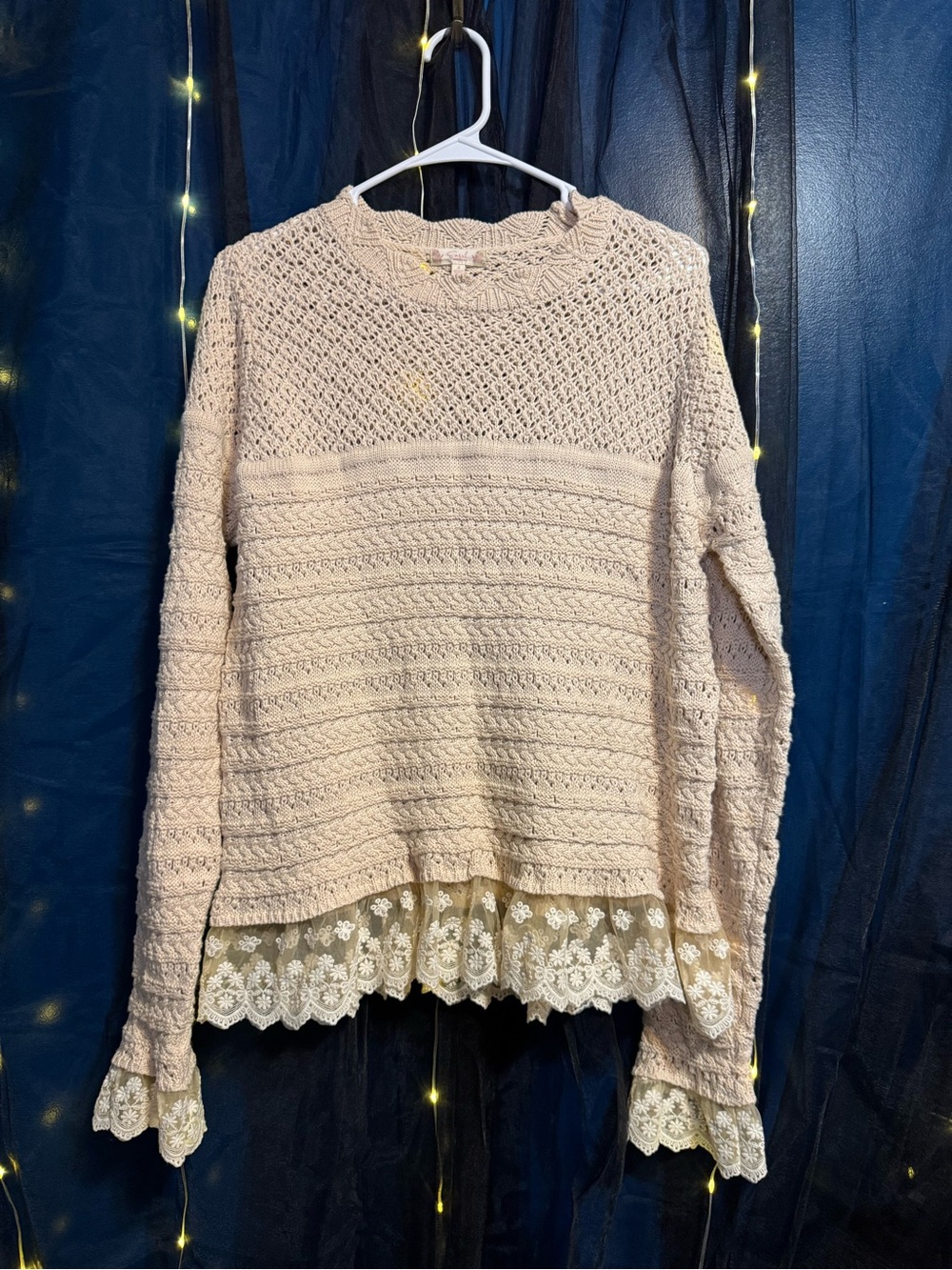 easel Cream Lace-Trim Crochet Knit Crewneck Sweater